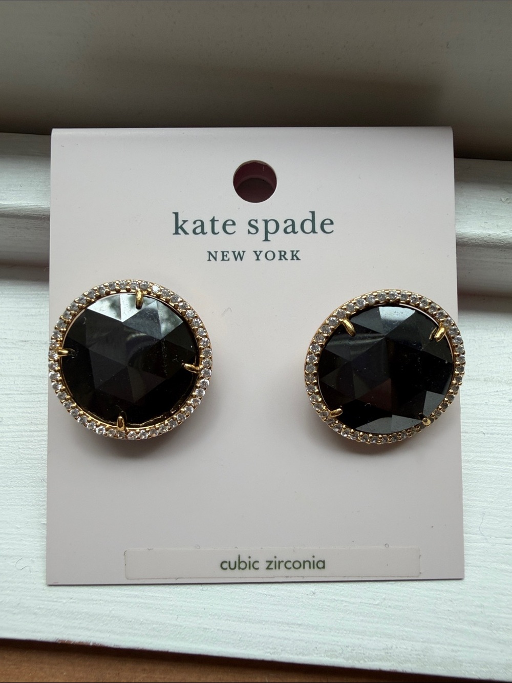 kate spade black crystal halo stud earrings with gold-tone trim